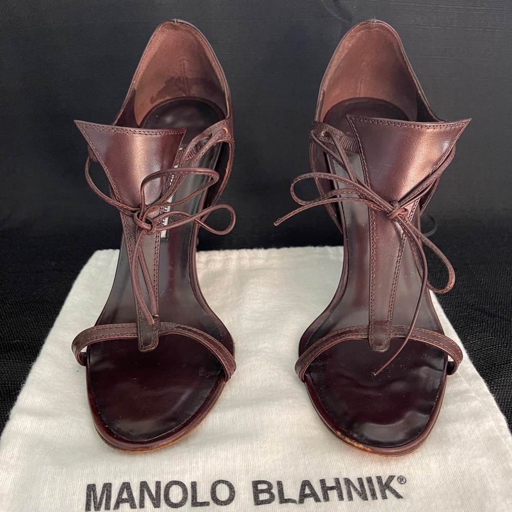 Manolo Blahnik Brown T-Strap Sandals